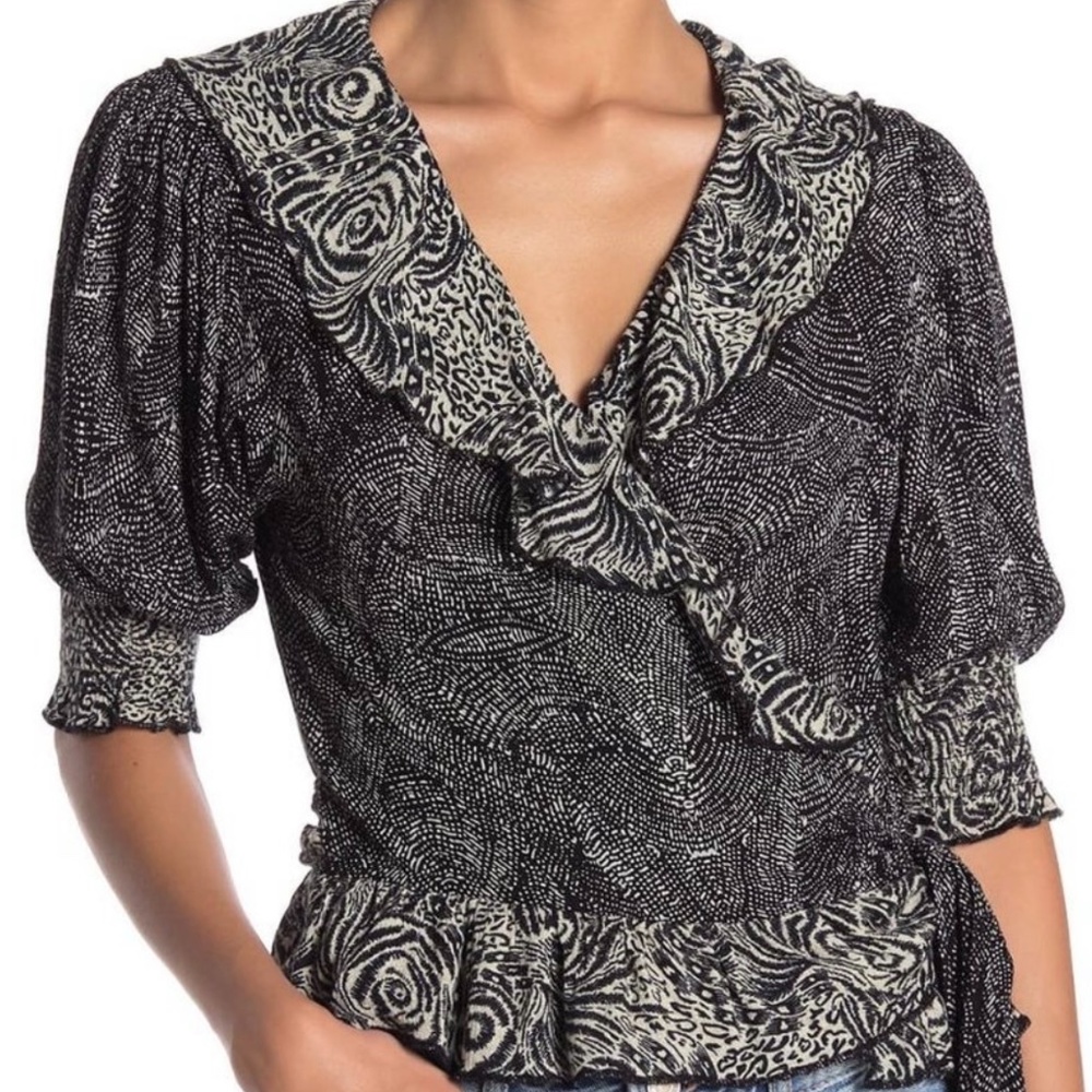 NWT FREE PEOPLE Olivia Black Patterned Wrap Top XS